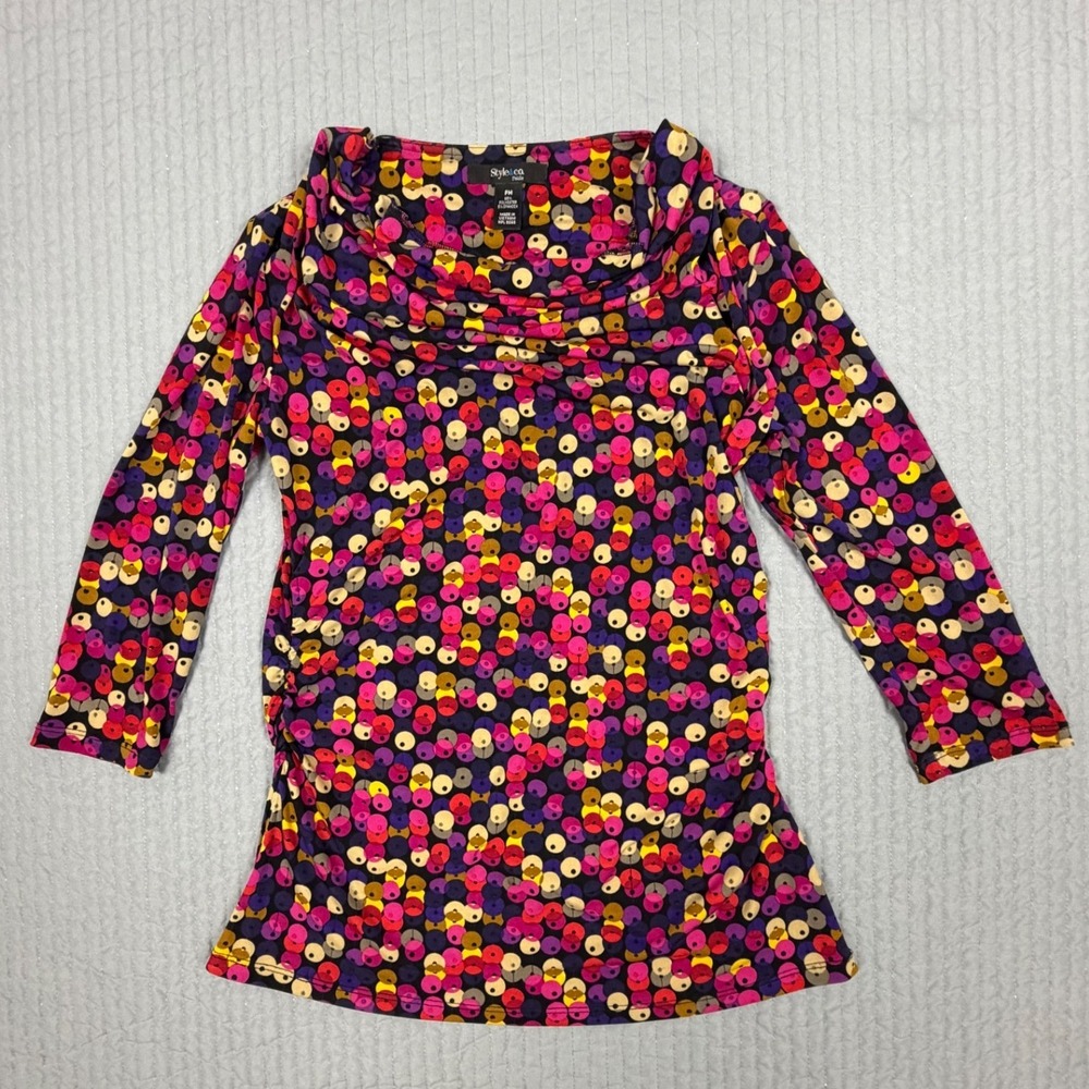 Style & Co Petite Cowl Neck Ruched Side Top Popping Multi-Color Dot Print PM